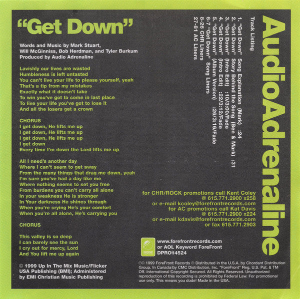 Audio Adrenaline : Get Down (CD, Single, Promo)