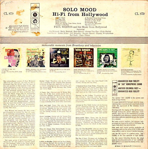 Paul Weston And His Music From Hollywood : Solo Mood (LP, Album, Mono)
