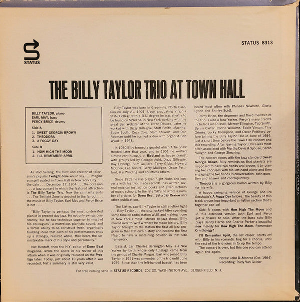 Billy Taylor Trio : The Billy Taylor Trio At Town Hall (LP, Album, Mono, RE)
