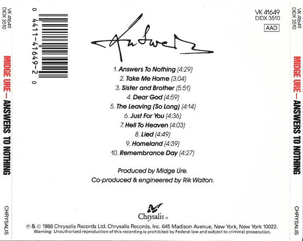 Midge Ure : Answers To Nothing (CD, Album)