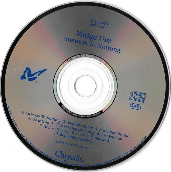 Midge Ure : Answers To Nothing (CD, Album)