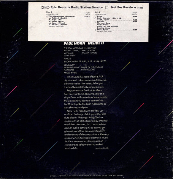 Paul Horn : Inside II (LP, Album, Ter)
