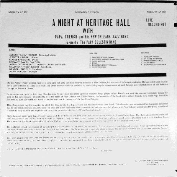 "Papa" French And His New Orleans Jazz Band : A Night At Heritage Hall (LP, Album, RE)