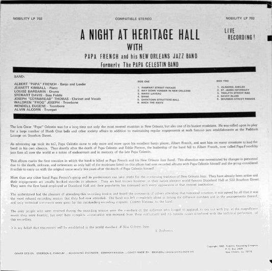 "Papa" French And His New Orleans Jazz Band : A Night At Heritage Hall (LP, Album, RE)