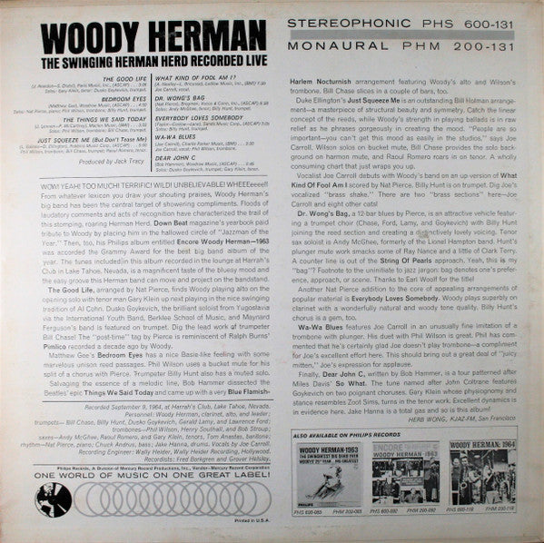 Woody Herman : The Swinging Herman Herd Recorded Live (LP, Album, Mono)