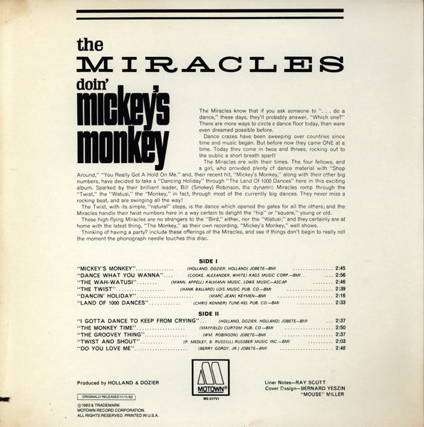 The Miracles : Doin' Mickey's Monkey (LP, Album, RE)