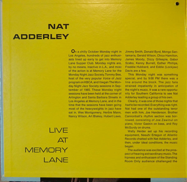 Nat Adderley : Live At Memory Lane (LP, Album, Mono, Gat)