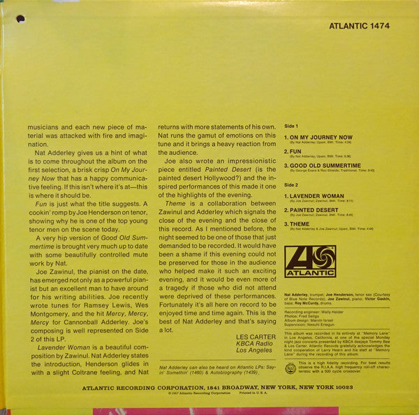 Nat Adderley : Live At Memory Lane (LP, Album, Mono, Gat)