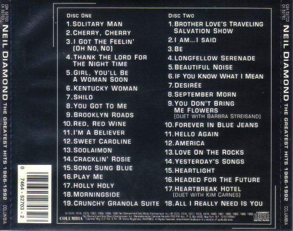 Neil Diamond : The Greatest Hits 1966-1992 (2xCD, Comp, RE)