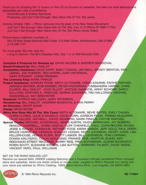 Various : Just Can't Get Enough: New Wave Hits Of The '80s, Vol. 1 (CD, Comp, RM)