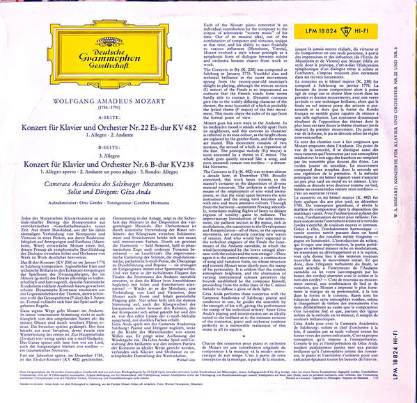 Wolfgang Amadeus Mozart, Géza Anda : Konzerte Für Klavier Und Orchester Nr. 22 Und Nr. 6 (LP, Album, Mono)