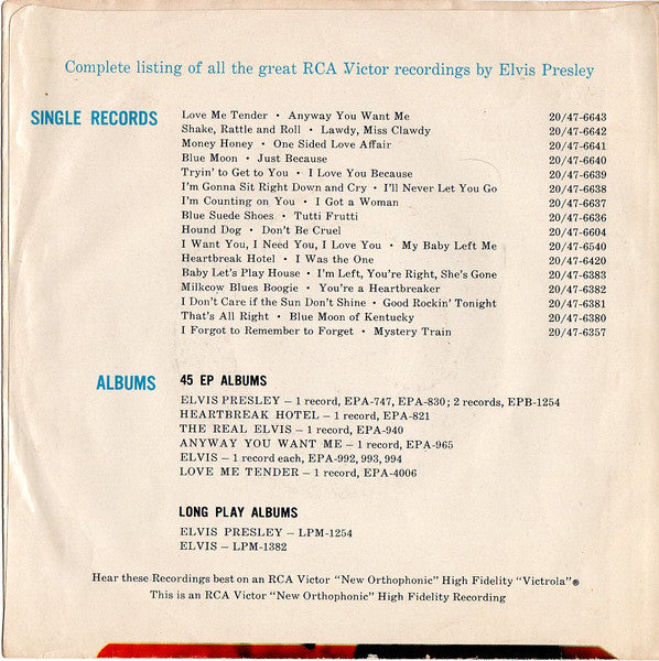 Elvis Presley With The Jordanaires : Playing For Keeps / Too Much (7", Single, Mono)