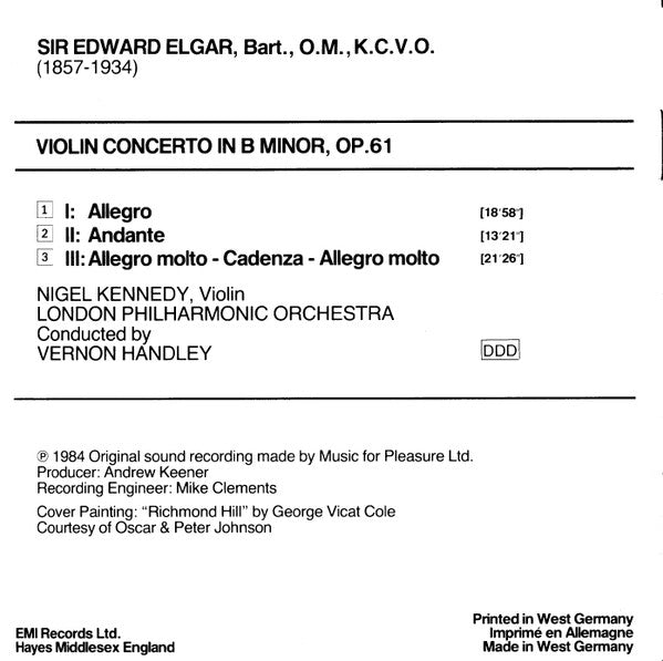 Sir Edward Elgar, Nigel Kennedy, London Philharmonic Orchestra, Vernon Handley : Violin Concerto (CD, Album)