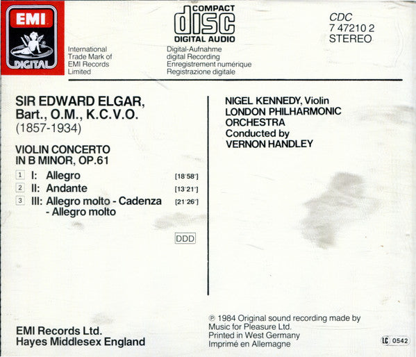 Sir Edward Elgar, Nigel Kennedy, London Philharmonic Orchestra, Vernon Handley : Violin Concerto (CD, Album)