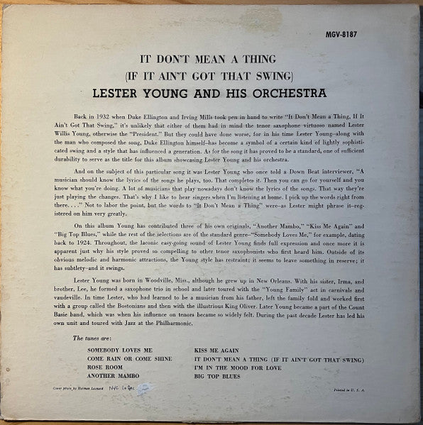 Lester Young And His Orchestra : It Don't Mean A Thing (If It Ain't Got That Swing) (LP, Album, Mono, RE)
