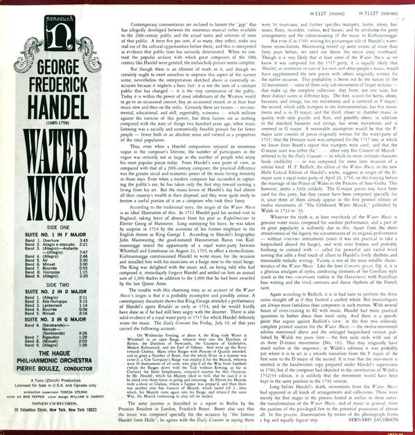 Georg Friedrich Händel - The Hague Philharmonic, Pierre Boulez : Water Music (LP, Album, RP)