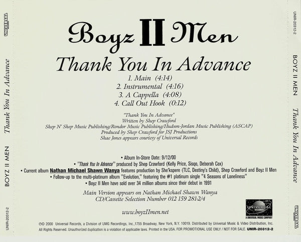 Boyz II Men : Thank You In Advance (CD, Single, Promo)