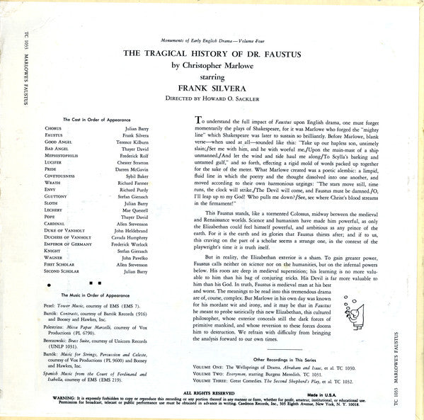 Christopher Marlowe - Frank Silvera : The Tragical History Of Dr. Faustus (LP)