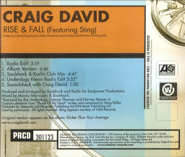 Craig David Featuring Sting : Rise & Fall (CD, Maxi, Promo)