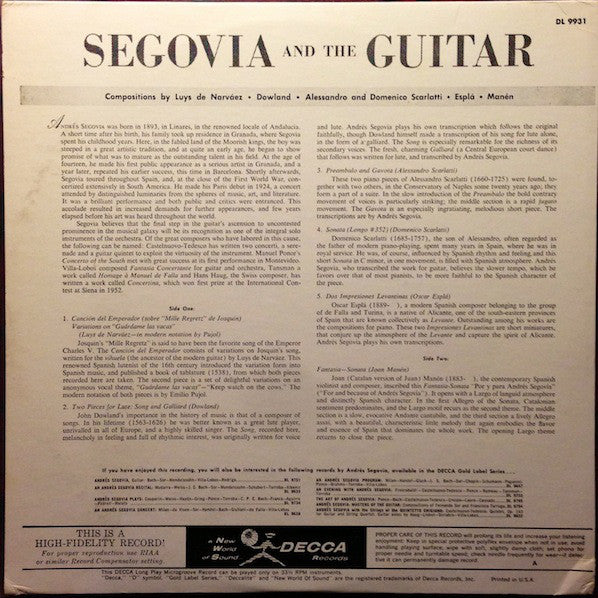 Segovia* : Segovia And The Guitar (LP, Album, Mono, RP)