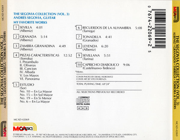 Andrés Segovia - Isaac Albéniz, Mario Castelnuovo-Tedesco, Enrique Granados, Francisco Tárrega, Federico Moreno Torroba : The Segovia Collection, Vol. 3: My Favorite Works (CD, Comp, RM)