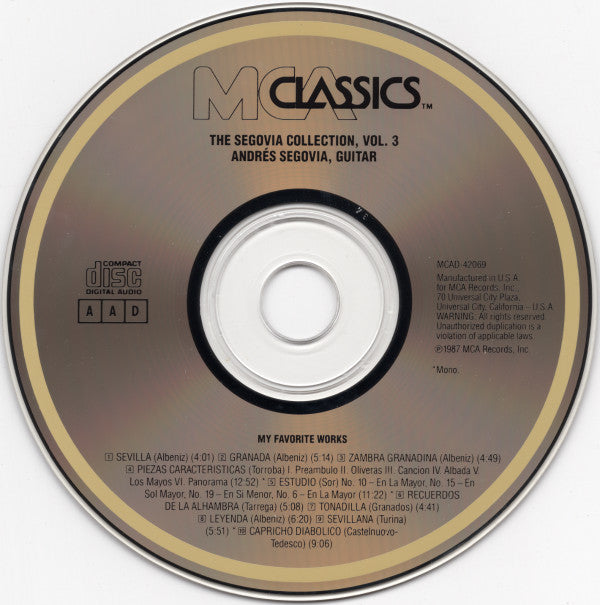 Andrés Segovia - Isaac Albéniz, Mario Castelnuovo-Tedesco, Enrique Granados, Francisco Tárrega, Federico Moreno Torroba : The Segovia Collection, Vol. 3: My Favorite Works (CD, Comp, RM)