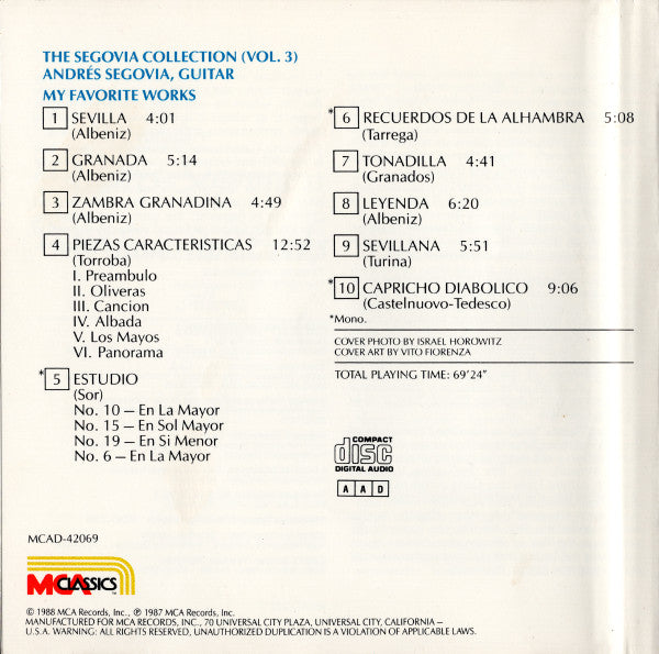 Andrés Segovia - Isaac Albéniz, Mario Castelnuovo-Tedesco, Enrique Granados, Francisco Tárrega, Federico Moreno Torroba : The Segovia Collection, Vol. 3: My Favorite Works (CD, Comp, RM)