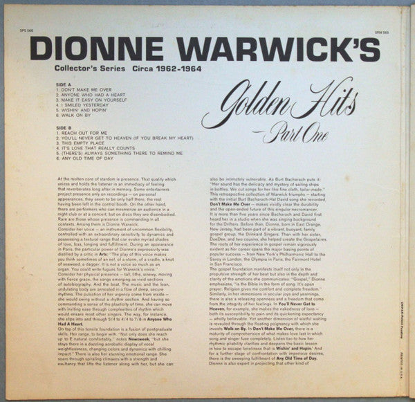 Dionne Warwick : Dionne Warwick's Golden Hits - Part One (LP, Comp, Ter)