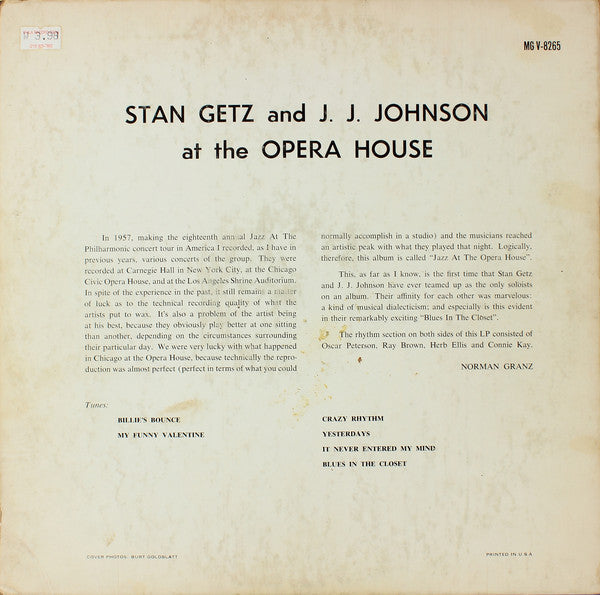 Stan Getz And J.J. Johnson : At The Opera House (LP, Album, Mono)