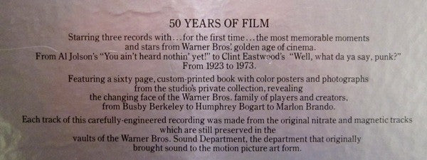 Various : 50 Years Of Film - Original Motion Picture Soundtrack Recordings Of The Great Scenes And Stars From The Warner Bros. Classics, 1923 To 1973 (3xLP, Album, Comp + Box)