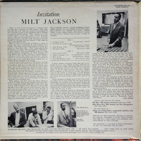 Milt Jackson Sextet : Invitation (LP, Album, Mono)