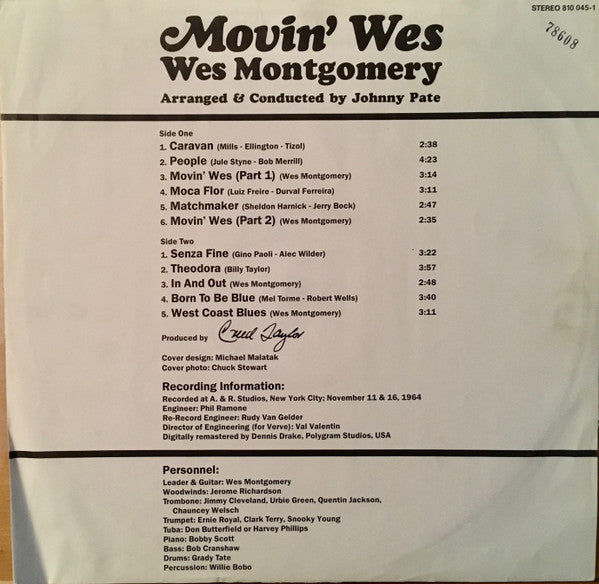 Wes Montgomery : Movin' Wes (LP, Album, RE)