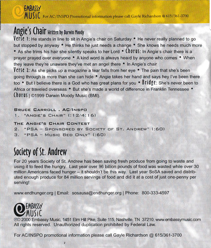 Bruce Carroll : Angie's Chair (CD, Single, Promo)