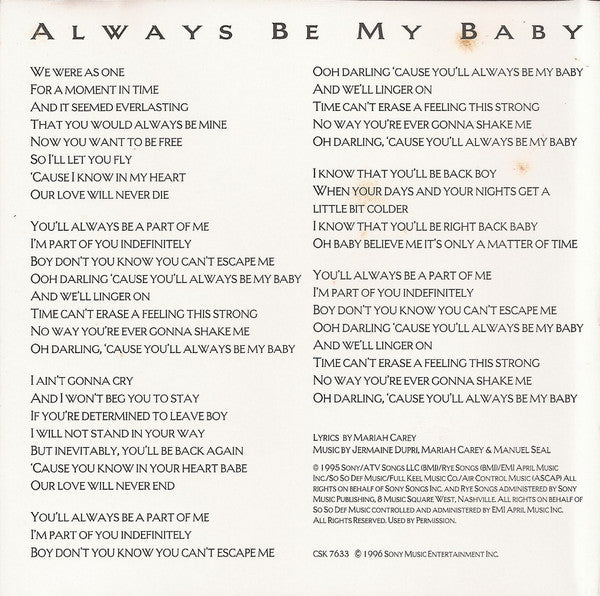 Mariah Carey : Always Be My Baby (CD, Single, Promo)