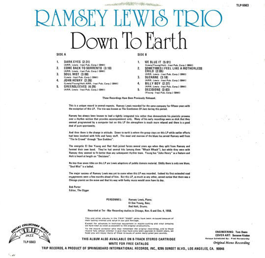 The Ramsey Lewis Trio : Down To Earth (LP, Album, RE)