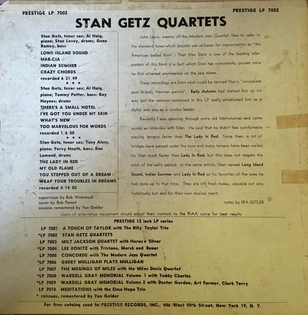 Stan Getz : Stan Getz Quartets (LP, Comp, Mono, RM)