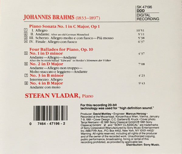 Johannes Brahms, Stefan Vladar : Piano Sonata No. 1 In C Major, Op. 1 / Four Ballades, Op.10 (CD, Album)