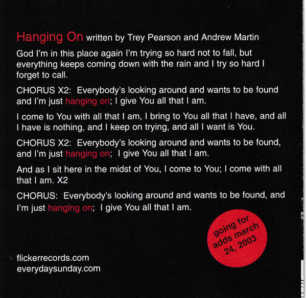 Everyday Sunday : Hanging On (Radio Single) (CD, Single, Promo)