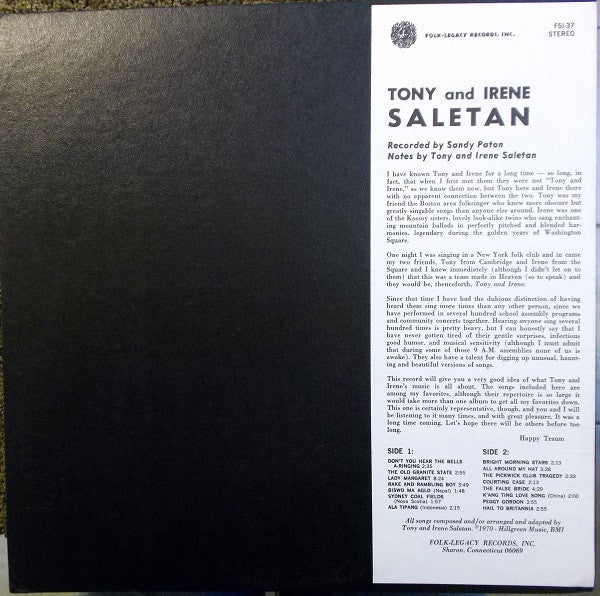 Tony And Irene Saletan : Tony And Irene Saletan (LP, Album)