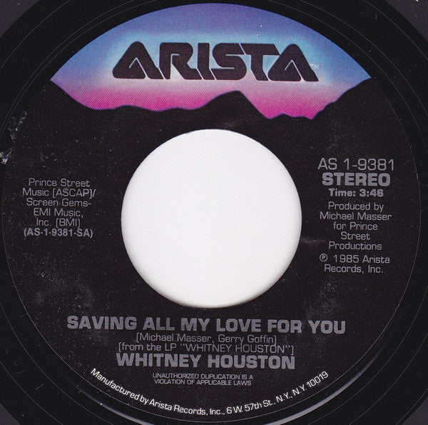 Whitney Houston : Saving All My Love For You (7", Single, Styrene, Ind)