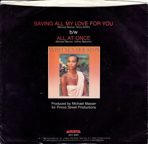 Whitney Houston : Saving All My Love For You (7", Single, Styrene, Ind)
