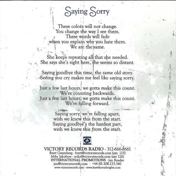Hawthorne Heights : Saying Sorry (CD, Promo)