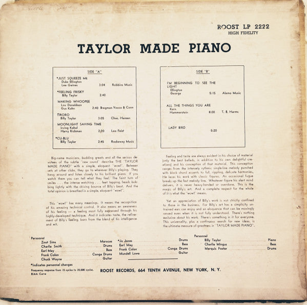 Billy Taylor Trio : Taylor Made Piano (LP, Comp, Mono)