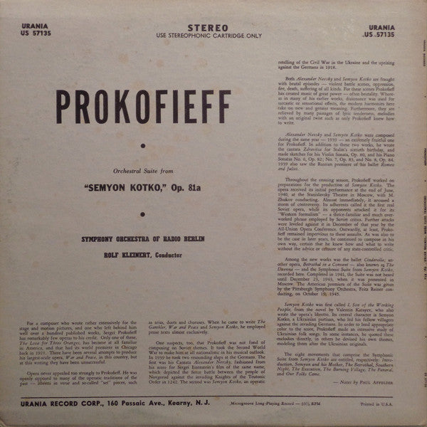 Sergei Prokofiev - Rundfunk-Sinfonieorchester Berlin With Rolf Kleinert : Semyon Kotko (An Orchestral Suite, Opus 81A) (LP)