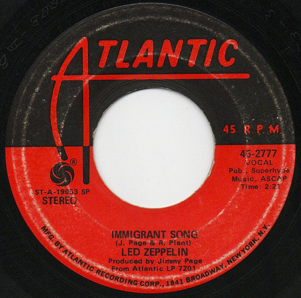 Led Zeppelin : Immigrant Song (7", Single, Spe)