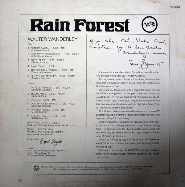 Walter Wanderley : Rain Forest (LP, Album, Club, Cap)