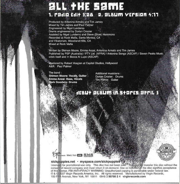 Sick Puppies : All The Same (CD, Promo)