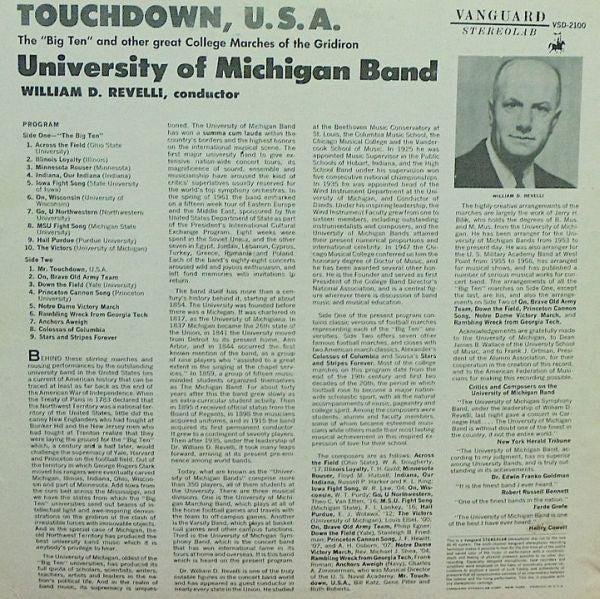 University Of Michigan Band : Touchdown, U.S.A. (The "Big Ten" And Other Great College Marches Of The Gridiron) (LP, Album)