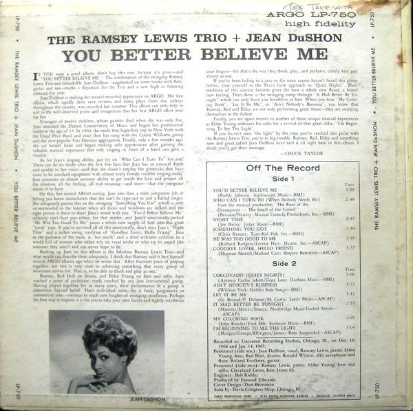 The Ramsey Lewis Trio + Jean DuShon : You Better Believe Me (LP, Album)