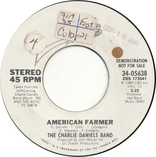 The Charlie Daniels Band : American Farmer (7", Single, Promo)